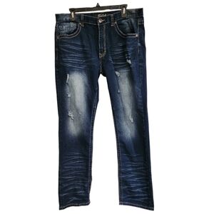 True Luck Jeans Mens Size 36x32 Straight Distressed  Embroidered Stitch Dark